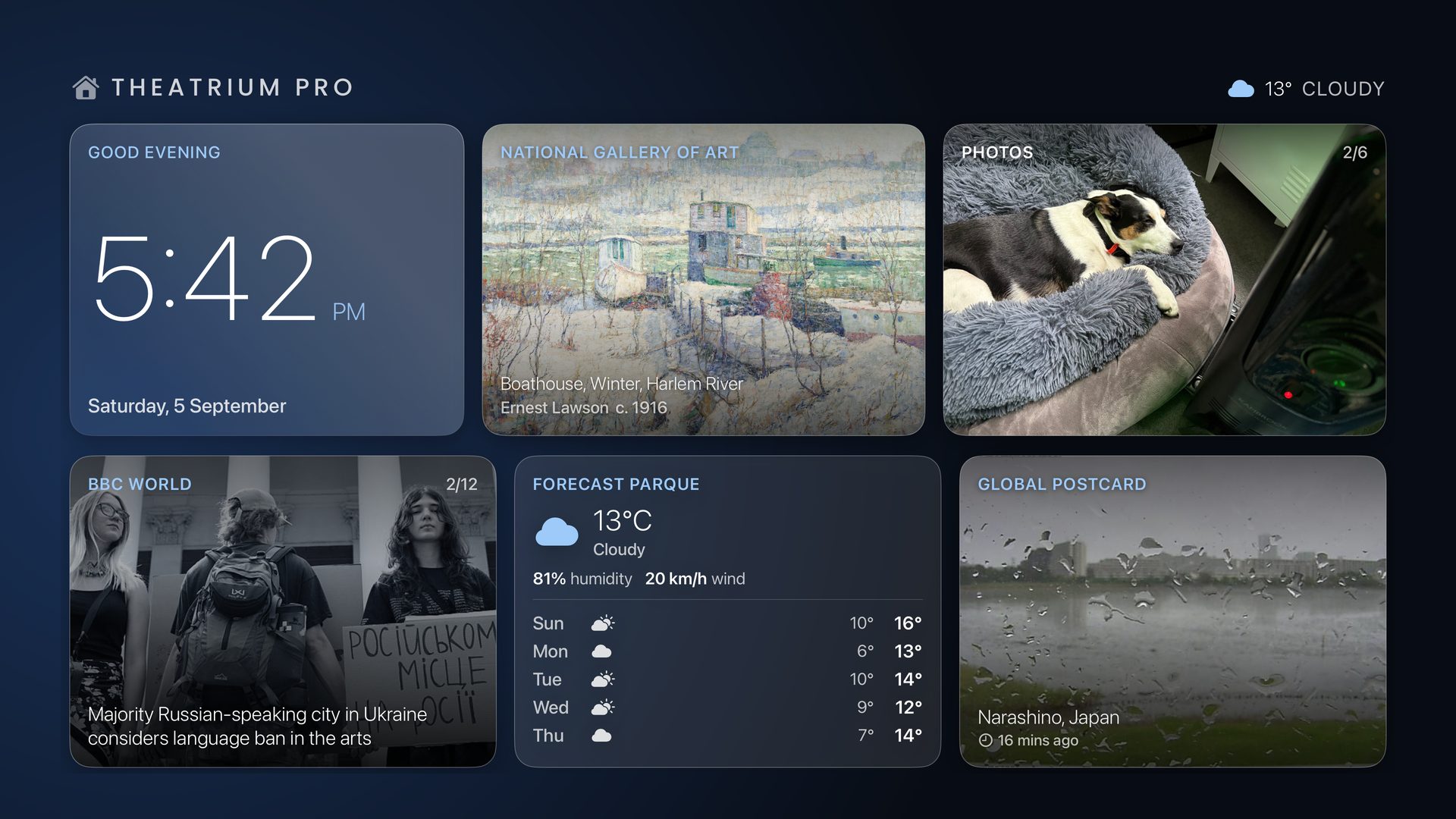 Glass dashboard: a painting from the National Gallery of Art, photos, news and a webcam