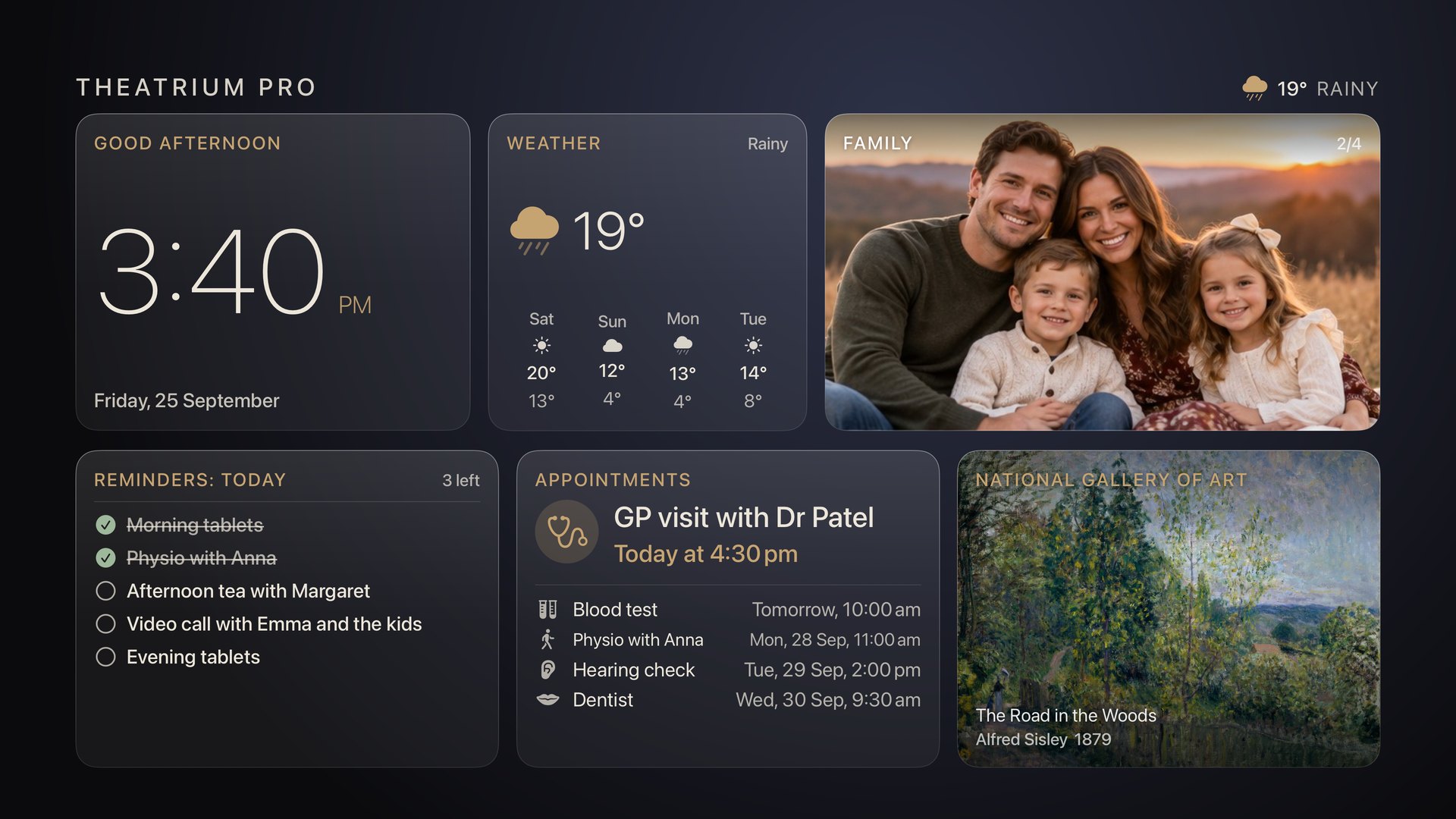 Glass dashboard in warm gold: the clock, the weather, family photos, today&rsquo;s reminders with tablets and a video call, upcoming appointments and a landscape painting