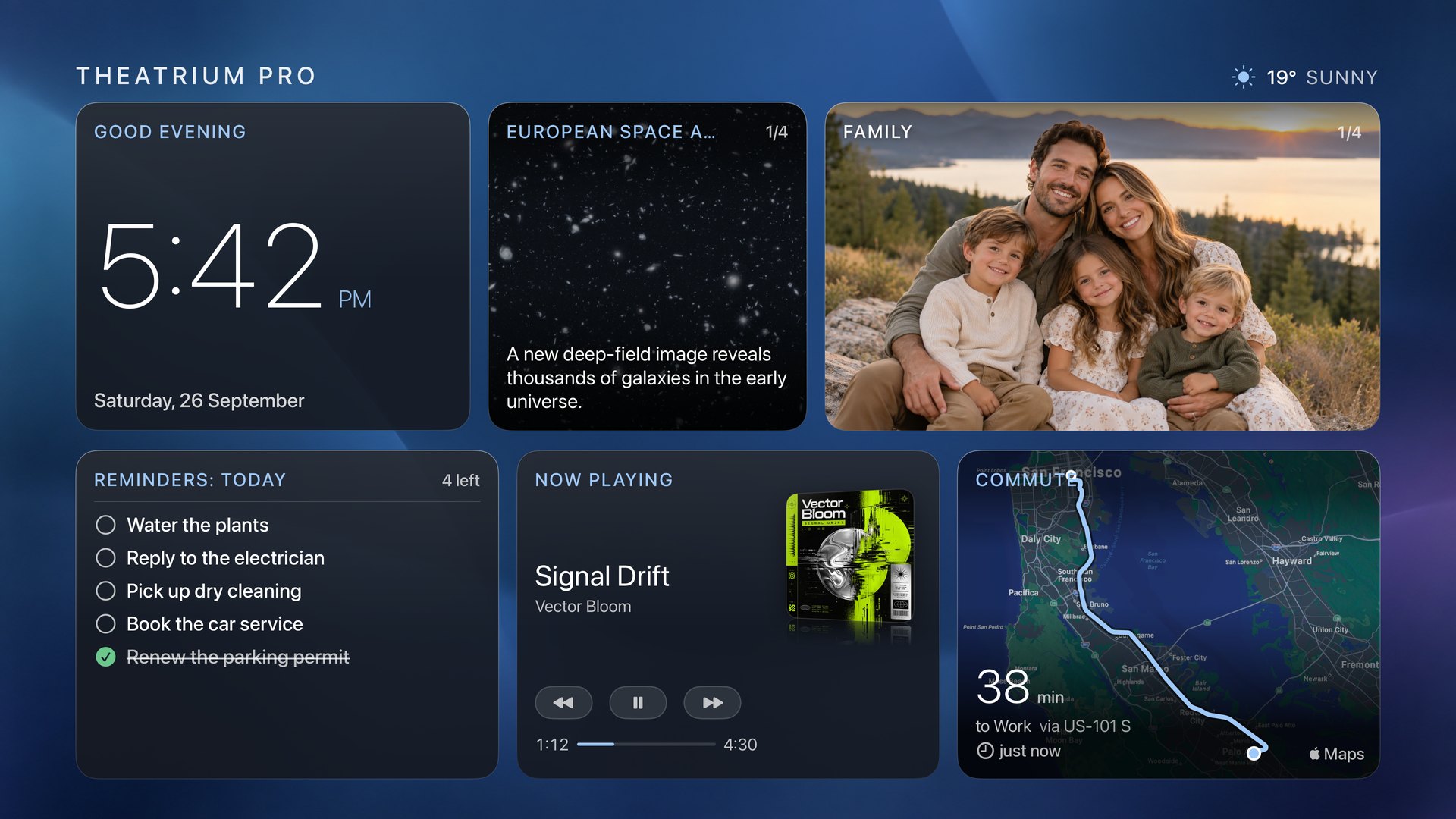 Glass dashboard over a deep blue background image: the clock, a Bluesky post, family photos, today&rsquo;s reminders, what&rsquo;s playing and the drive to work