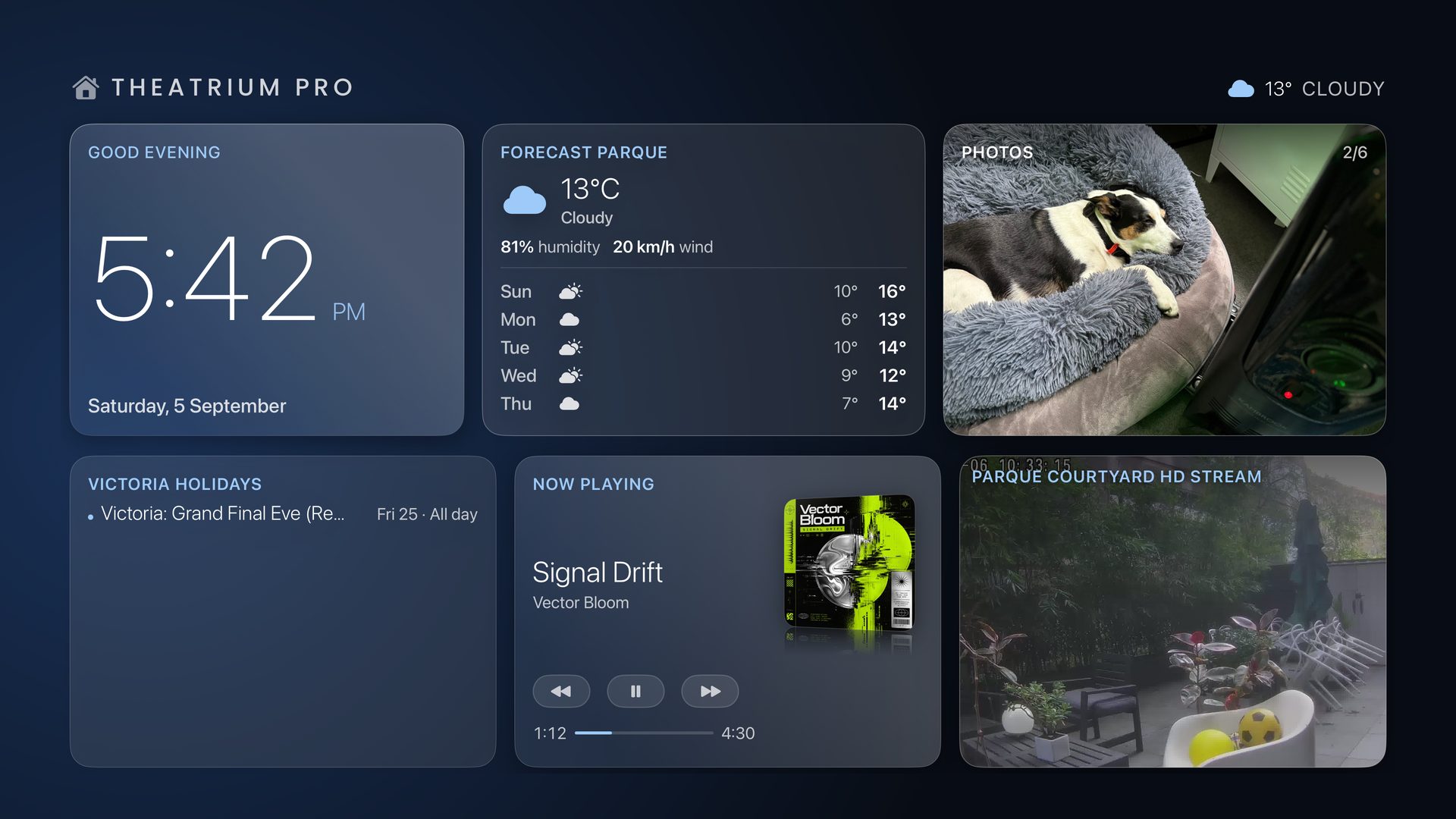 Glass dashboard: courtyard camera, family photos, forecast, batteries and scenes