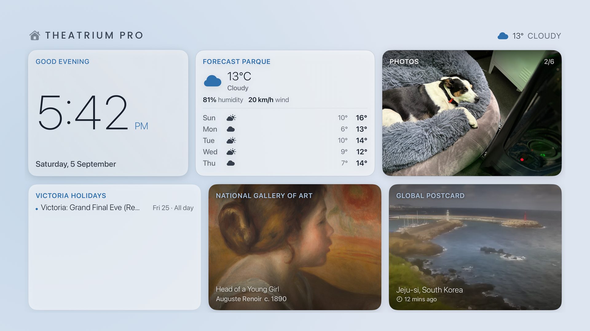 Glass dashboard, light face: forecast, photos, calendar, art and a webcam