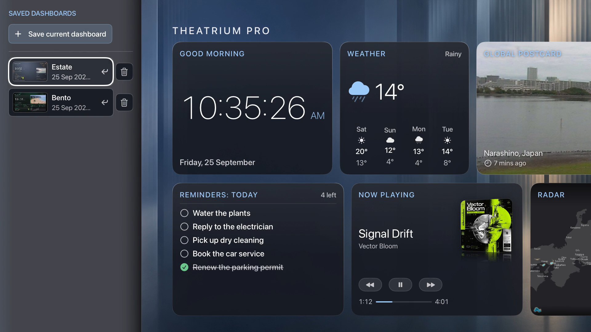 Saved Dashboards open at the left edge of a Glass dashboard, with a saved Estate and a saved Bento layout ready to switch to