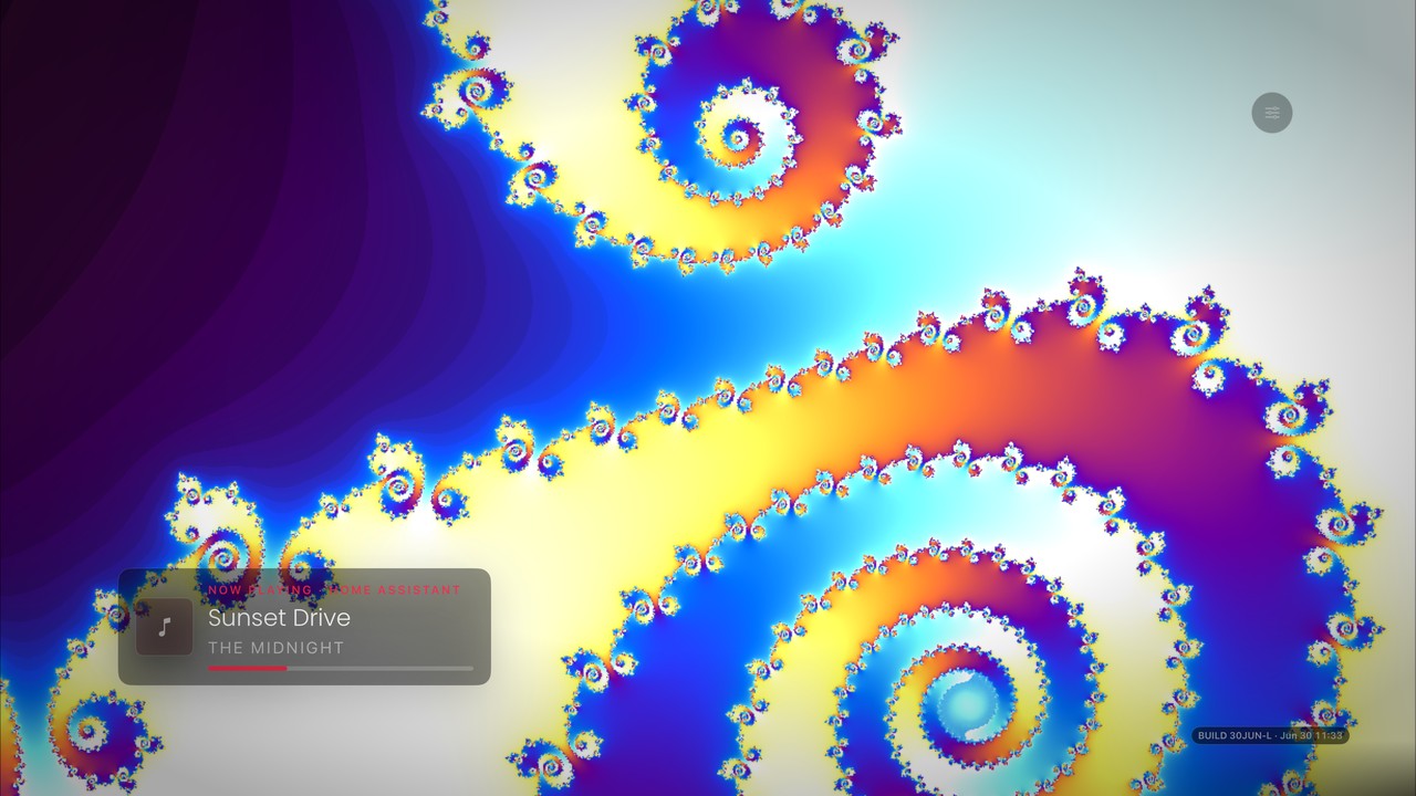 A real-time generative scene from Theatrium's music visualiser, running full-screen on an Apple TV with a Home Assistant now-playing card overlaid
