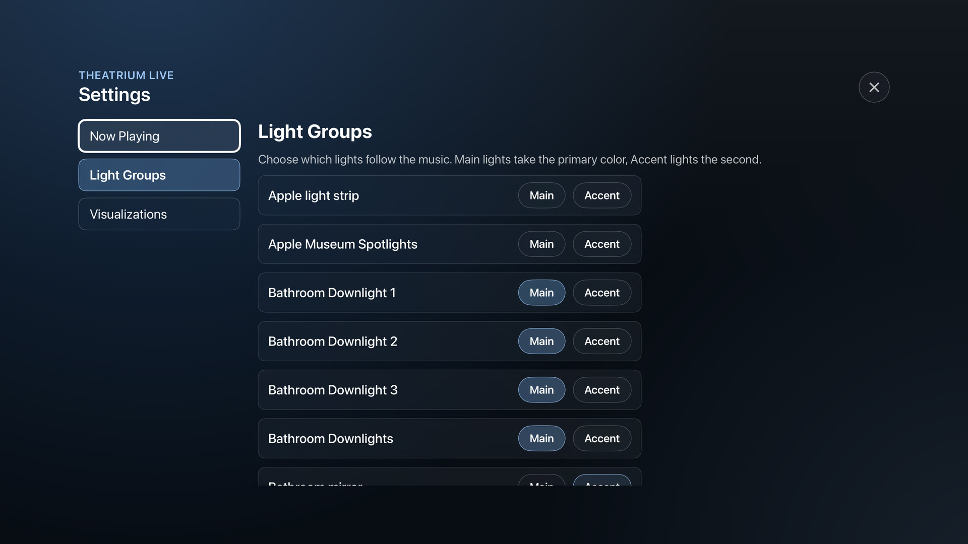 Theatrium Live Settings screen, Light Groups: each light set to Main or Accent