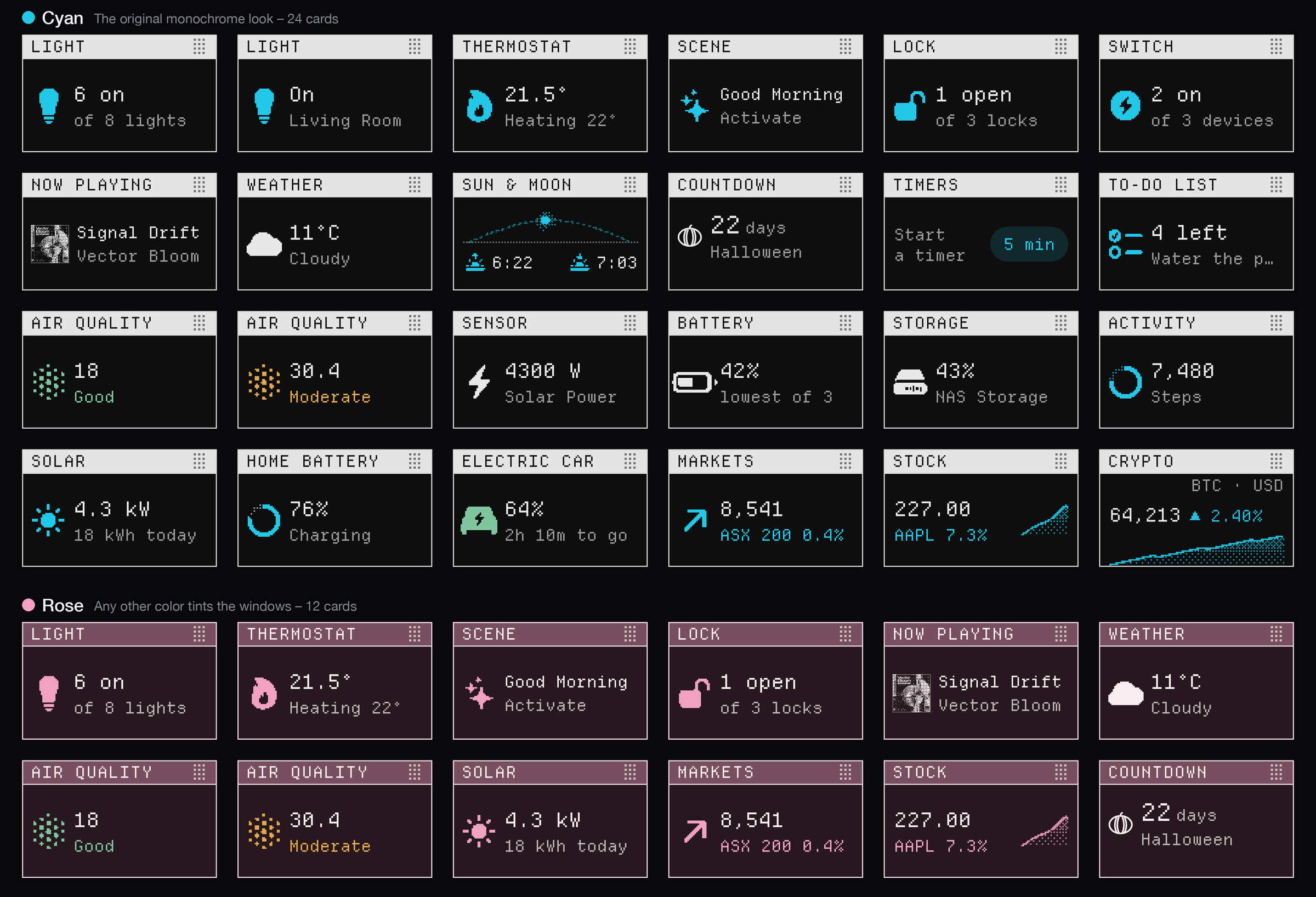 A sheet of 36 Classic cards at their small size, 24 in Cyan and 12 in Rose: light, thermostat, scene, lock, switch, now playing, weather, sun and moon, countdown, timers, to-do list, air quality, sensor, battery, storage, activity, solar, home battery, electric car, markets, stock and crypto.