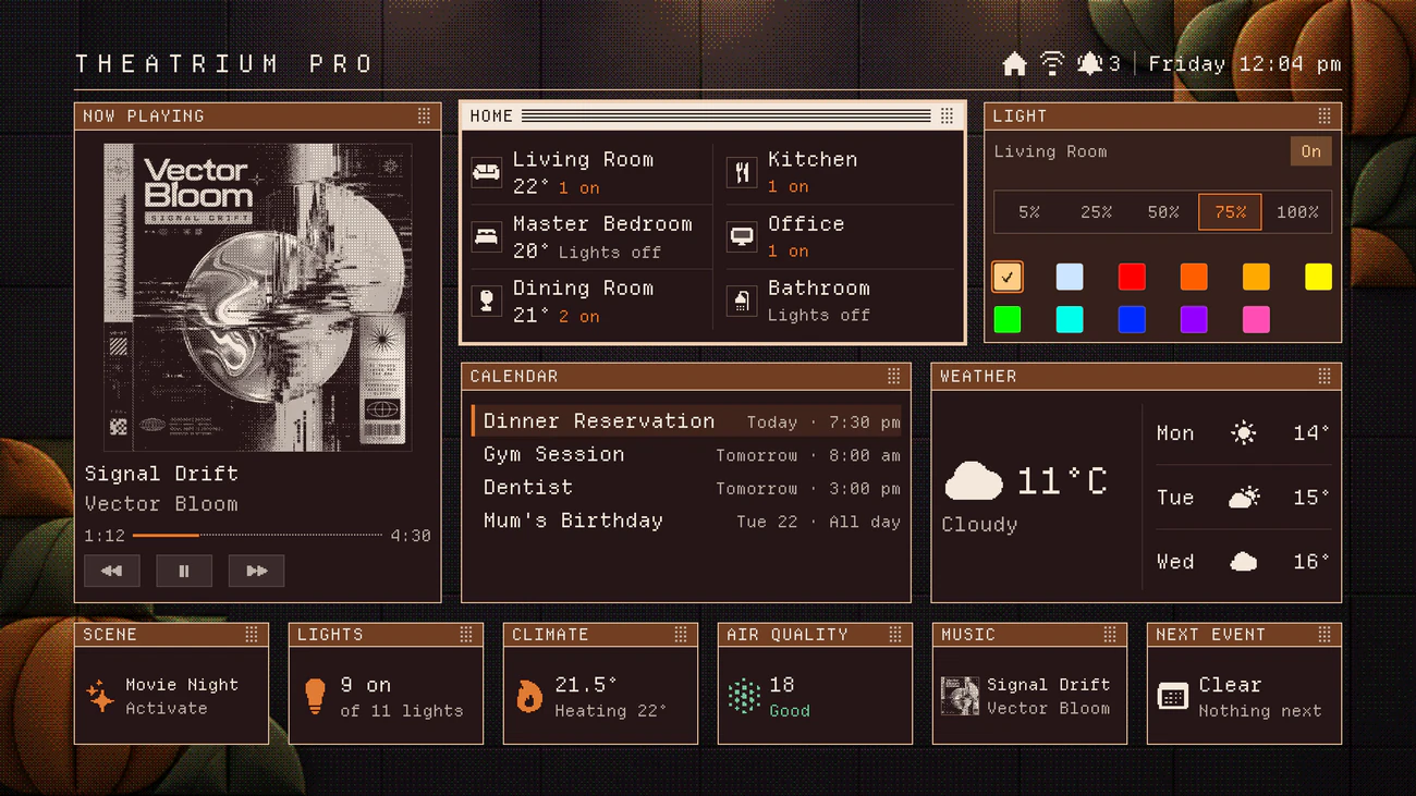 The Classic dashboard with Halloween mode on: orange title bars over a background of pixelated pumpkins.