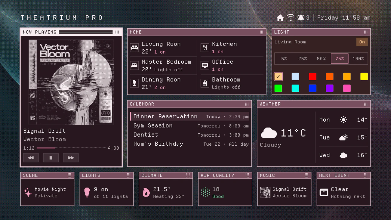 The Classic dashboard in Rose, with mauve title bars over a dithered picture.