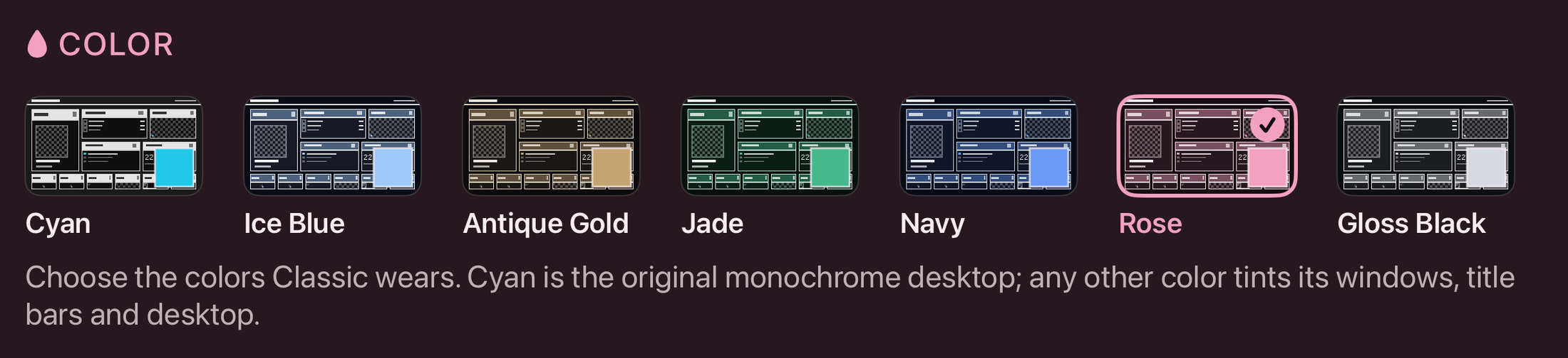 Settings, Appearance, Color: seven small previews of the Classic dashboard labeled Cyan, Ice Blue, Antique Gold, Jade, Navy, Rose and Gloss Black.