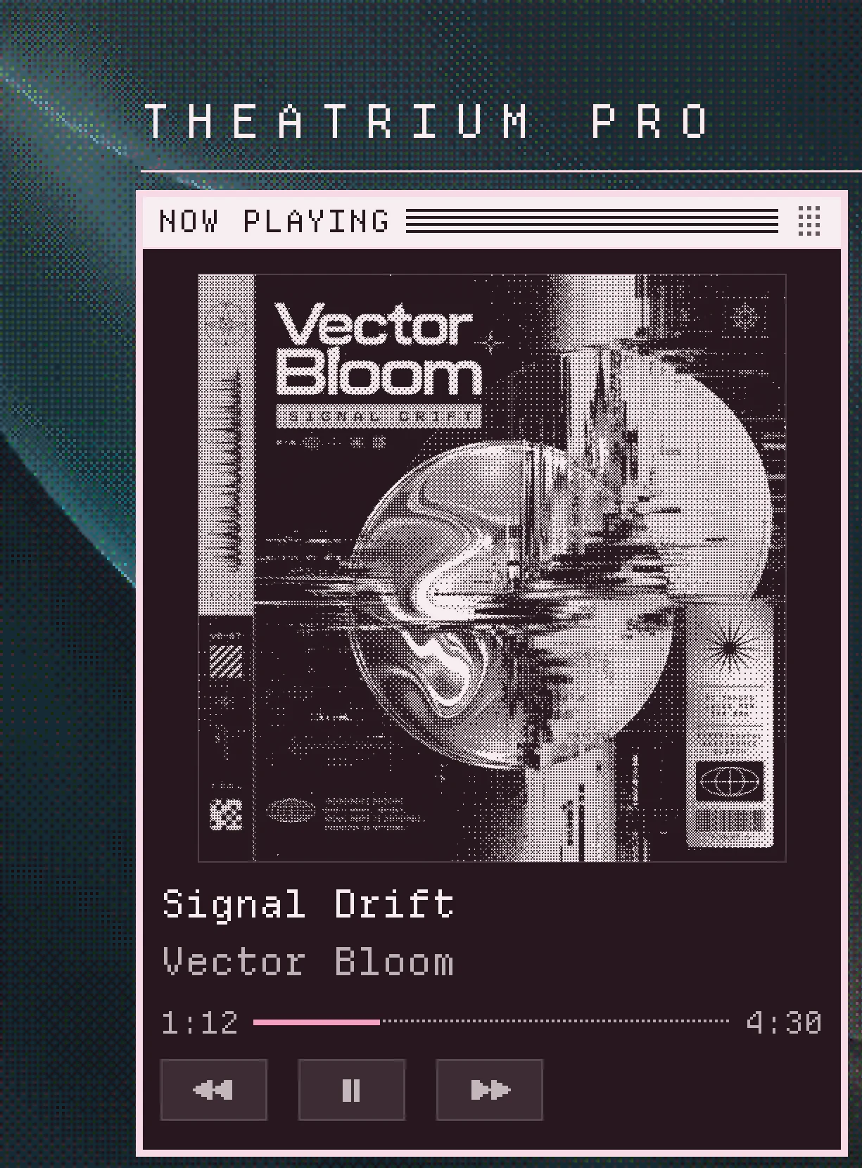 A Classic Now Playing window in Rose. The album cover is drawn as ordered-dither pixels, over a dithered background picture.