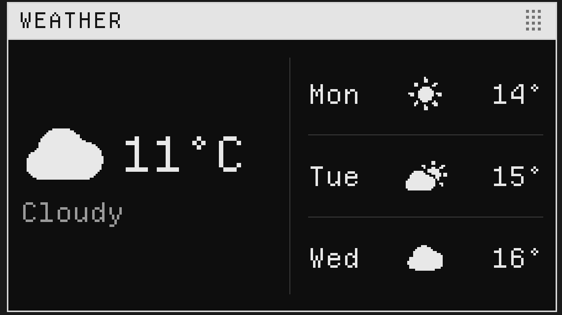 The Weather window: a pixel cloud beside the temperature, and a three-day forecast with pixel sun and cloud glyphs.
