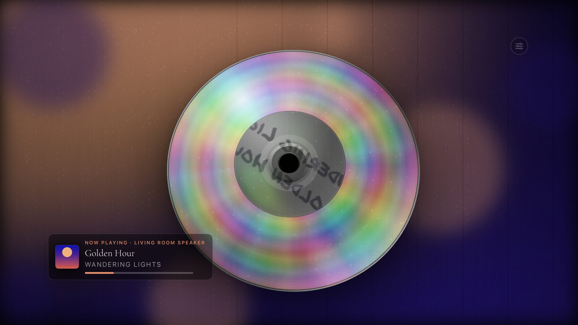 Theatrium's Compact Disc visualizer: a metallic disc spinning in iridescent light, with a Now Playing banner at the lower left.