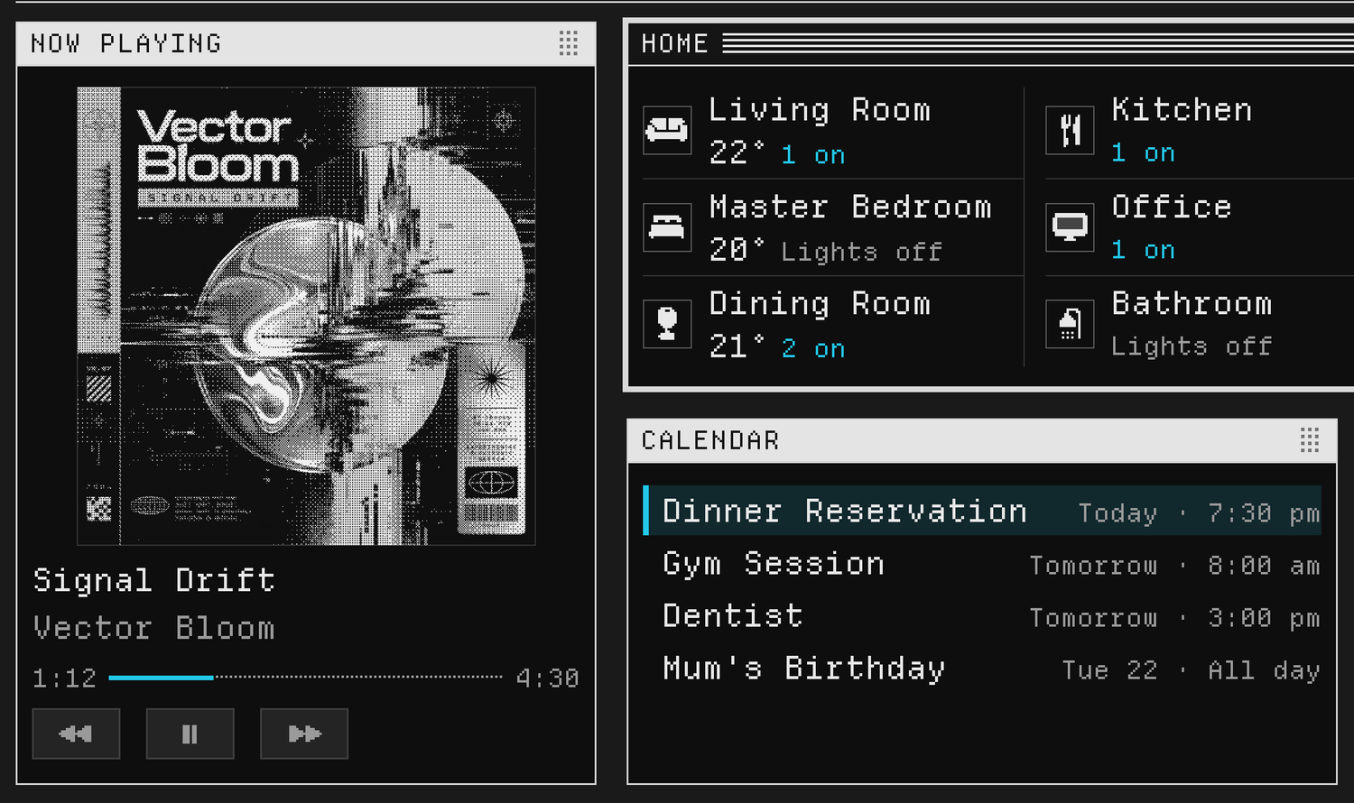 Three Classic windows. Home, in the middle, has a dark title bar with light stripes. Now Playing and Calendar have plain light title bars.