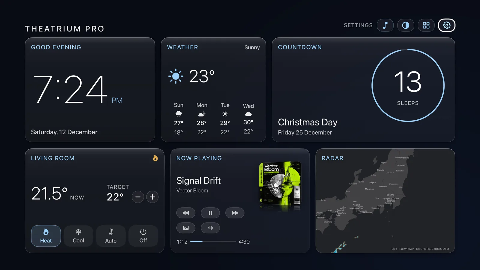 A Theatrium dashboard in the Glass theme with a Countdown card at top right: a ring around the figure 13 and the word sleeps, above Christmas Day and Friday 25 December.