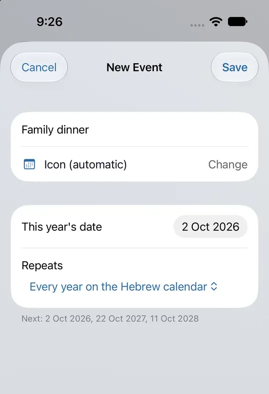 The New Event sheet on the iPhone with a name, an automatic icon, a date, and the Every year on the Hebrew calendar repeat, showing the next three dates.