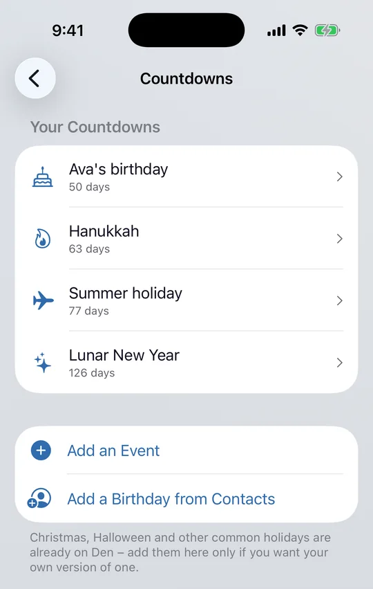 The Countdowns screen in the Theatrium iPhone app listing four events with the days remaining, with Add an Event and Add a Birthday from Contacts beneath.