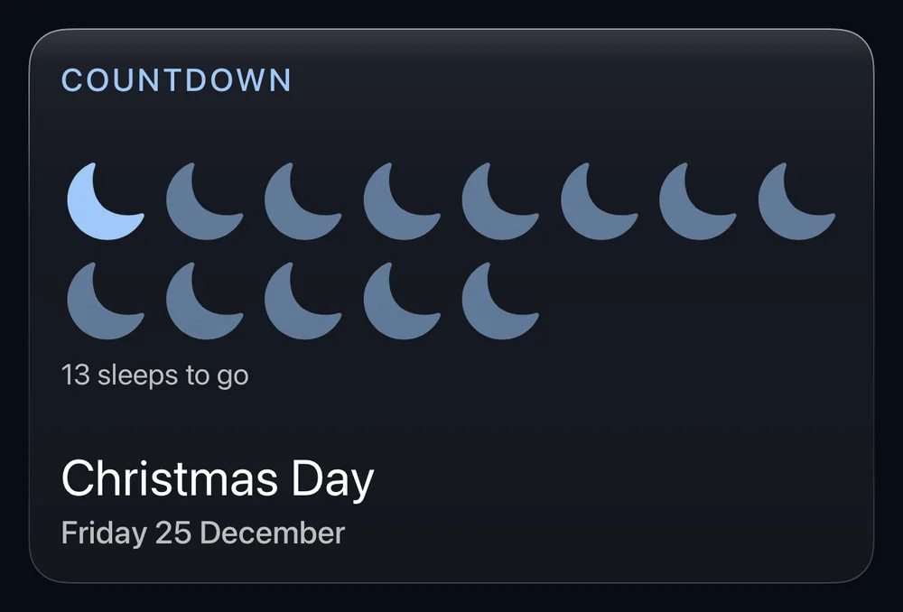 The Countdown card in Moons style: thirteen small moons, the first one lit, with the line 13 sleeps to go above Christmas Day.