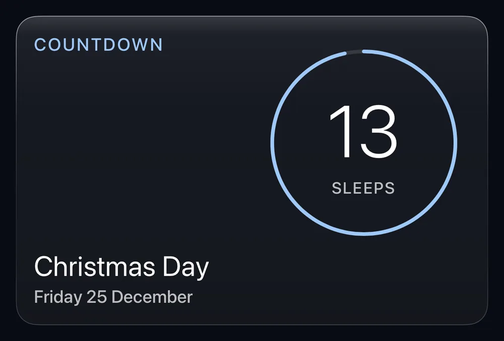 The Countdown card in Ring style: a ring closing around the figure 13 and the word sleeps, with Christmas Day and Friday 25 December beneath.