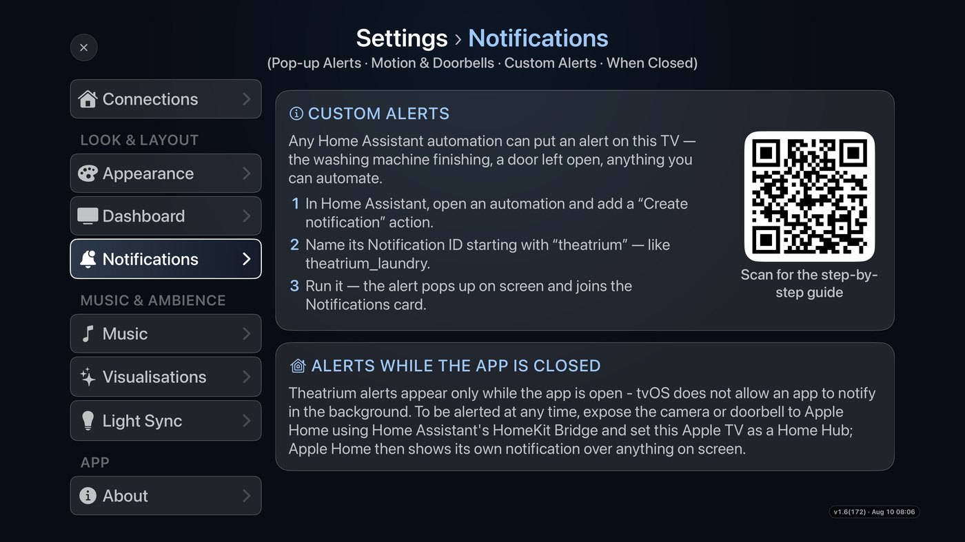 Theatrium's Settings → Notifications screen, showing the Custom Alerts section with a three-step summary and this guide's QR code.