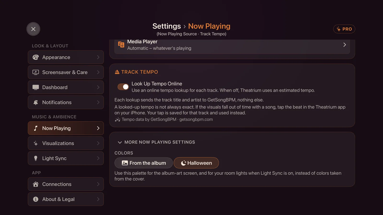 Settings, Now Playing, More Now Playing settings open, with a Colors row offering From the album and Halloween, Halloween chosen.