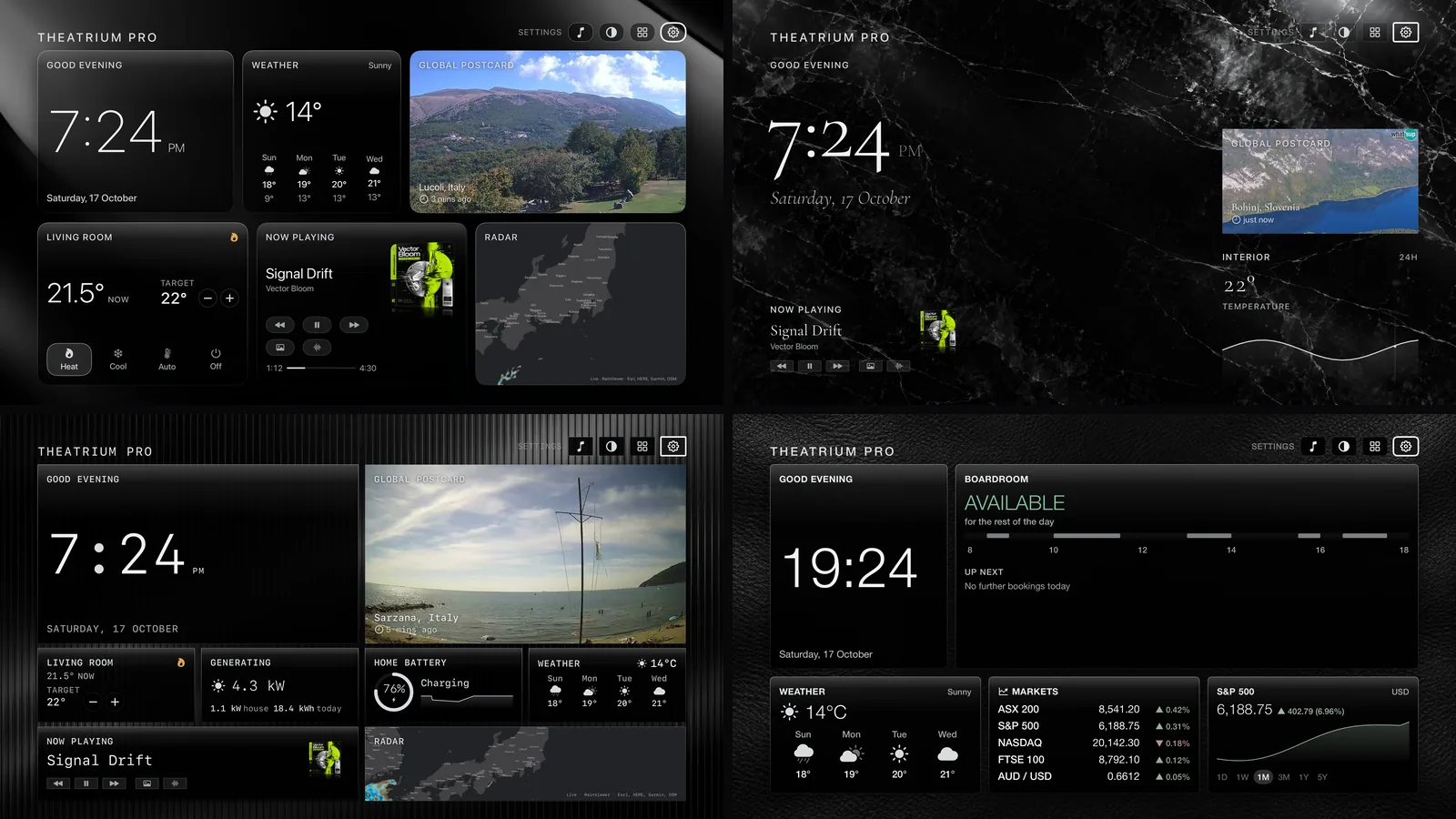 Four dashboards in a grid, Glass, Estate, Bento and Boardroom, each in Gloss Black on its black background.