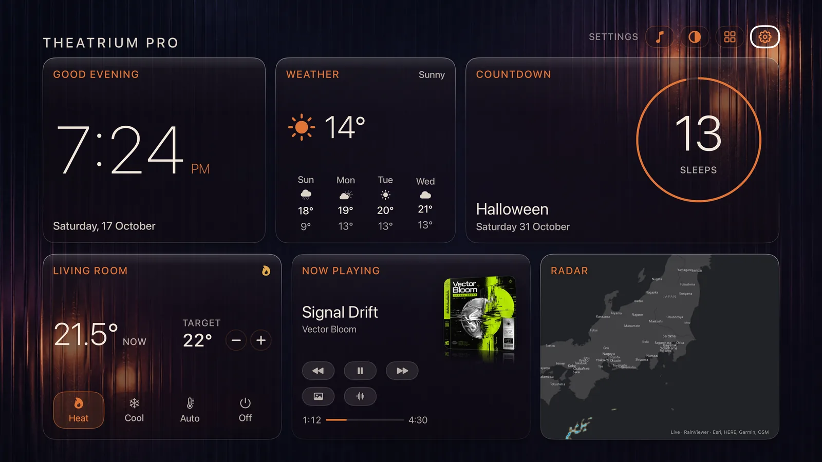 A Theatrium dashboard in the Glass theme with Halloween Mode on: a dark plum background with candle glows in the corners, pumpkin-orange accents, a Countdown card showing 13 sleeps to Halloween, and the Now Playing card.