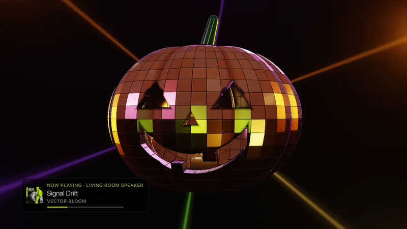 Mirror Pumpkin: a jack-o'-lantern tiled in orange mirror facets, with a candle glowing inside its carved face, in a dim room.