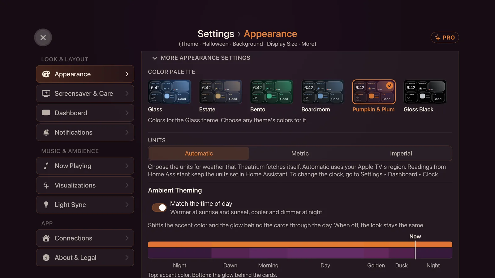 Settings, Appearance, More appearance settings open: the Color Palette row with Glass, Estate, Bento, Boardroom, Pumpkin and Plum, and Gloss Black, Pumpkin and Plum selected.
