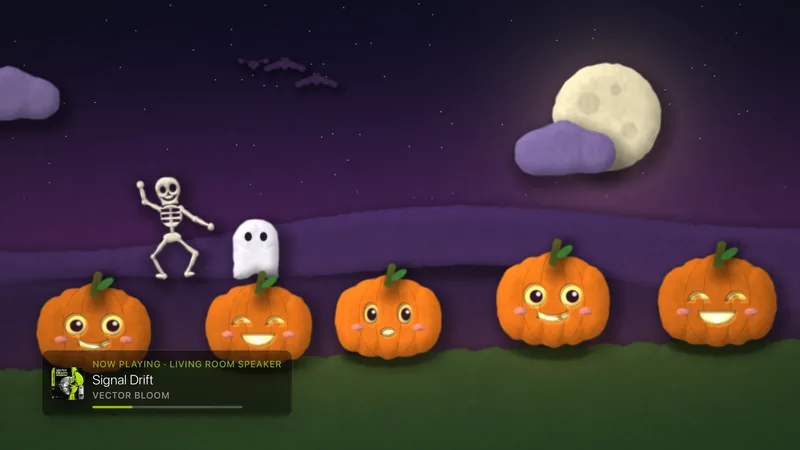 Pumpkin Patch: a cut-paper night scene with carved pumpkins, a dancing skeleton, a ghost and bats crossing a large moon.