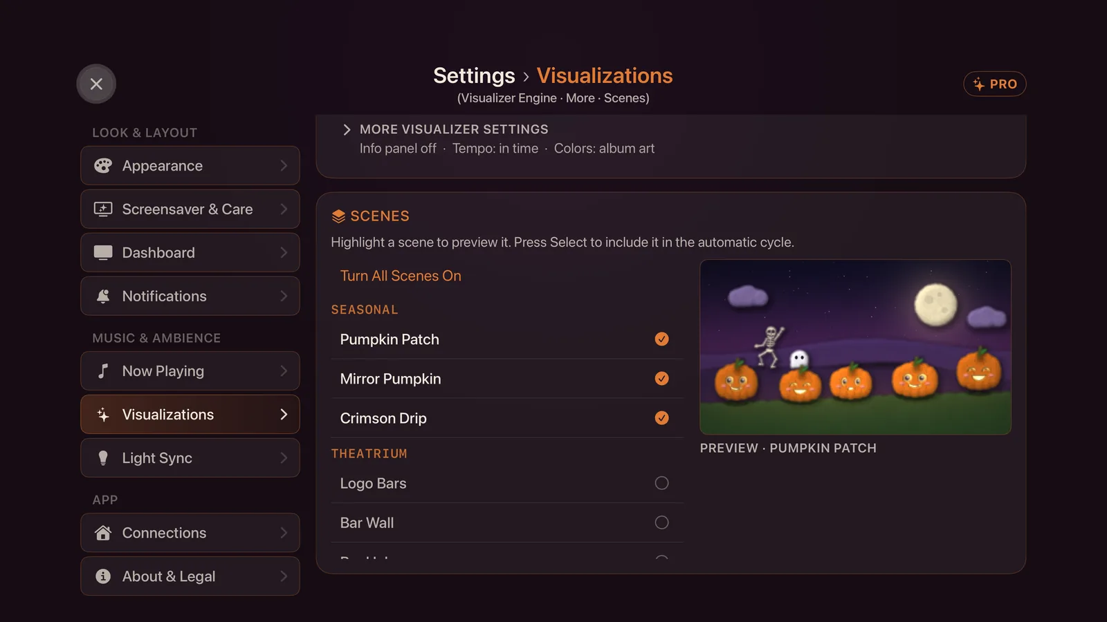 Settings, Visualizations, with the Scenes list opening on a Seasonal group: Mirror Pumpkin, Pumpkin Patch and Crimson Drip, beside a live preview.