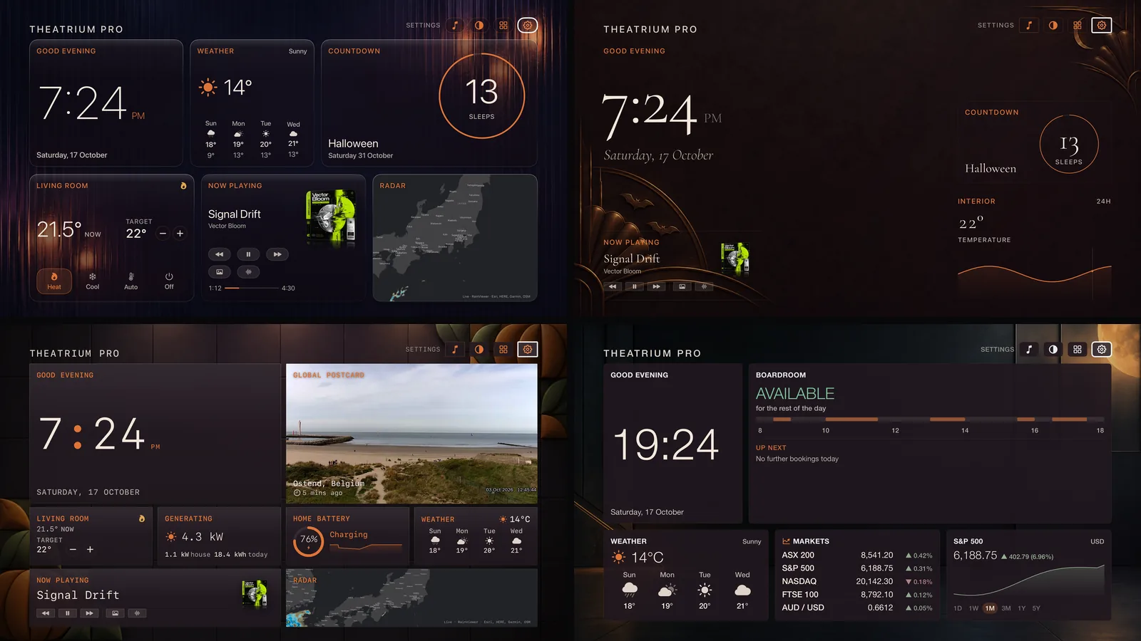 Four dashboards in a grid, Glass, Estate, Bento and Boardroom, each wearing its Halloween background and the Pumpkin and Plum colors.