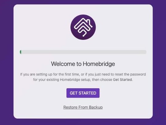 The Welcome to Homebridge screen, with a Get Started button and a Restore From Backup link below it.