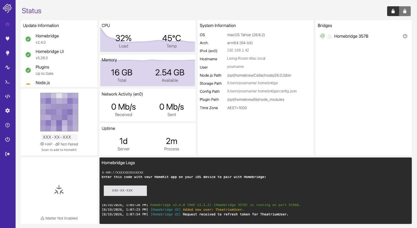 The Homebridge status screen showing the pairing QR code, the setup PIN beneath it, and a Not Paired label.