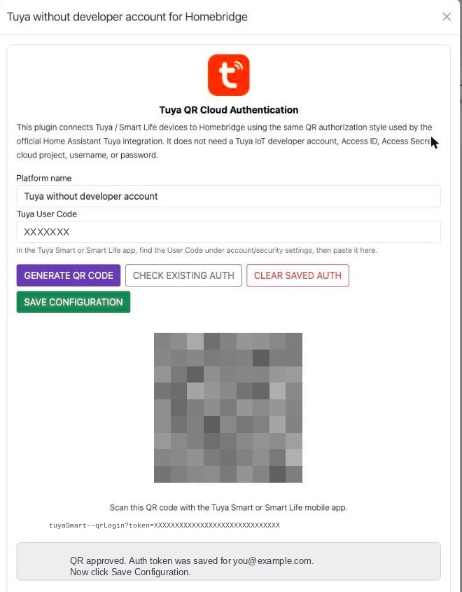 The Tuya QR Cloud Authentication screen showing a generated QR code and a message reading QR approved, auth token was saved.