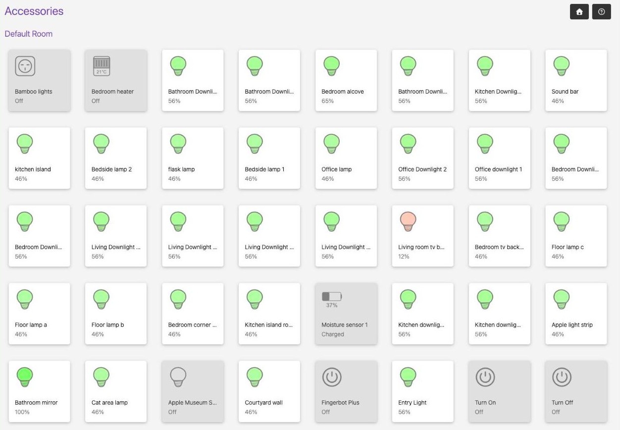 The Homebridge accessories screen showing more than forty imported lights, lamps and sensors, all grouped under a single heading reading Default Room.