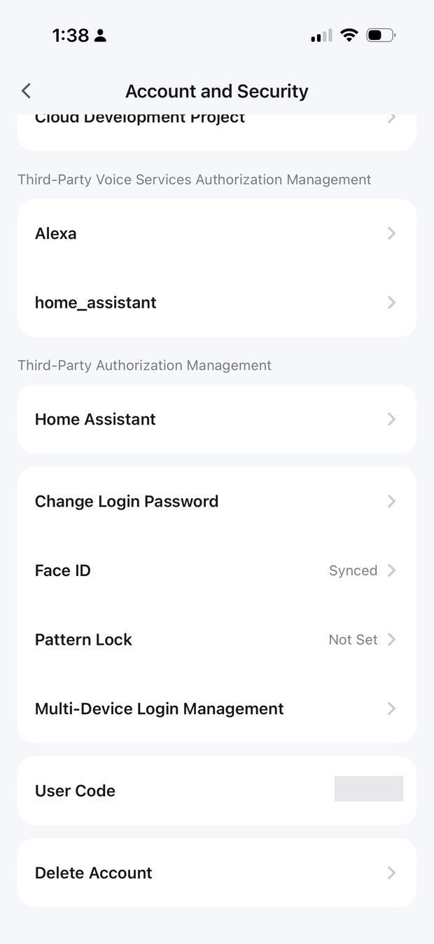 The Smart Life Account and Security screen, showing a Third-Party Authorization Management section listing Home Assistant.
