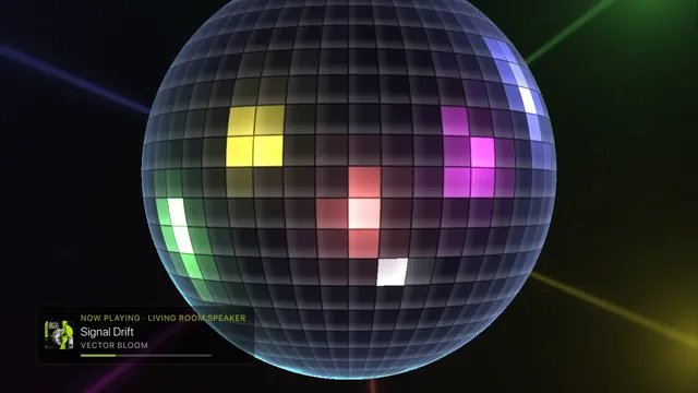 A music visualizer scene, a mirrorball, with the track name in the corner