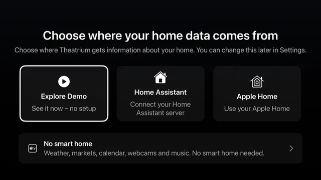 The Theatrium setup screen offering Explore Demo, Home Assistant or Apple Home