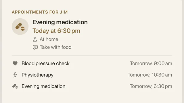 The Medical appointments card listing the next medication and appointments