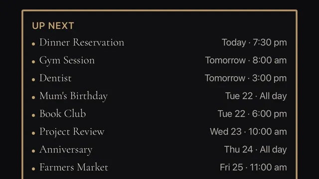 The calendar card listing upcoming events and their times