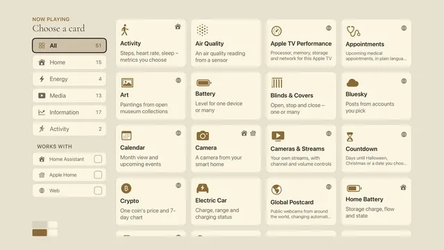 The card picker, listing every card that can fill a dashboard panel