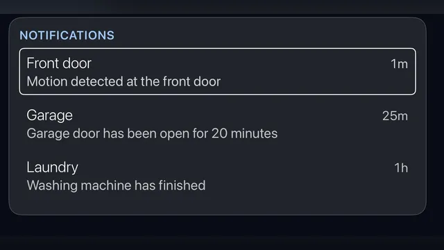 The Notifications card listing alerts from Home Assistant