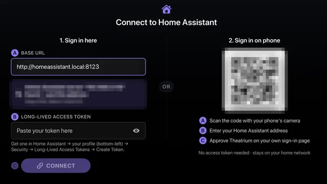 The Connect to Home Assistant screen with a sign-in form and a QR code