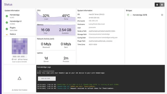 The Homebridge status page, with the pairing code hidden