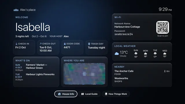 The guest welcome screen: guest name, Wi-Fi code, door code and local weather
