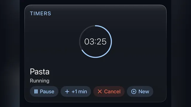 The Timers card, a running Pasta timer with Pause, +1 min and Cancel buttons