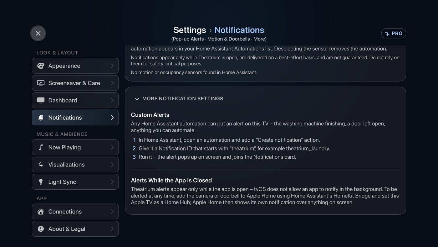 Theatrium's Settings → Notifications screen with More notification settings open, showing Custom Alerts and Alerts While the App Is Closed.