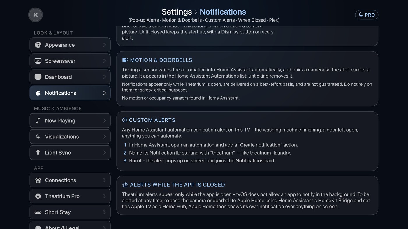Theatrium's Settings → Notifications screen scrolled to Motion & Doorbells, Custom Alerts and Alerts While The App Is Closed.