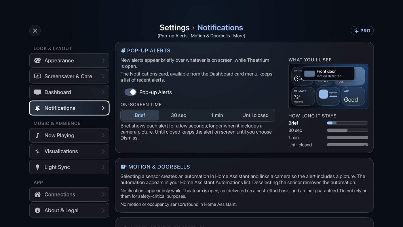 Theatrium's Settings → Notifications screen, showing the Pop-up Alerts switch, the On-Screen Time choice set to Brief, a preview of a Front door alert, and the Motion & Doorbells card below.