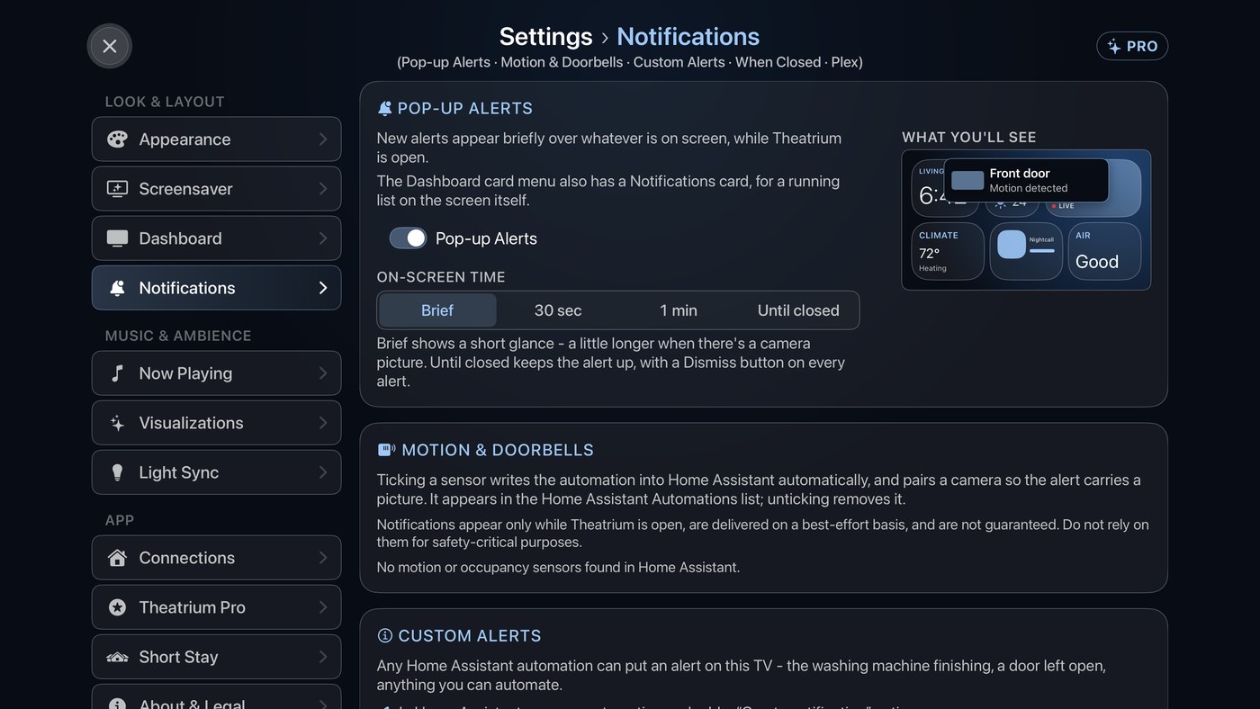 Theatrium's Settings → Notifications screen, showing the Pop-up Alerts switch, the On-Screen Time choice set to Brief, and a preview of a Front door alert.