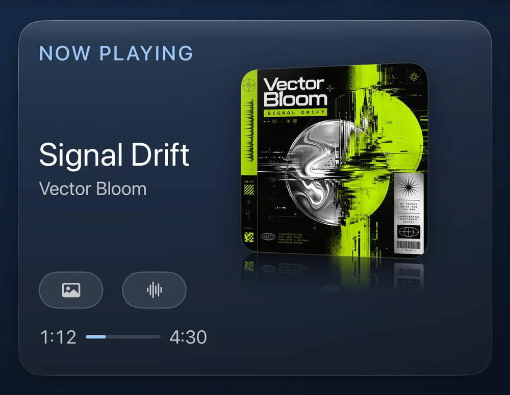 The same card while the music plays on another device: the cover and title with only the Album Art and Visualizer buttons and the progress bar, and no previous, pause or next.